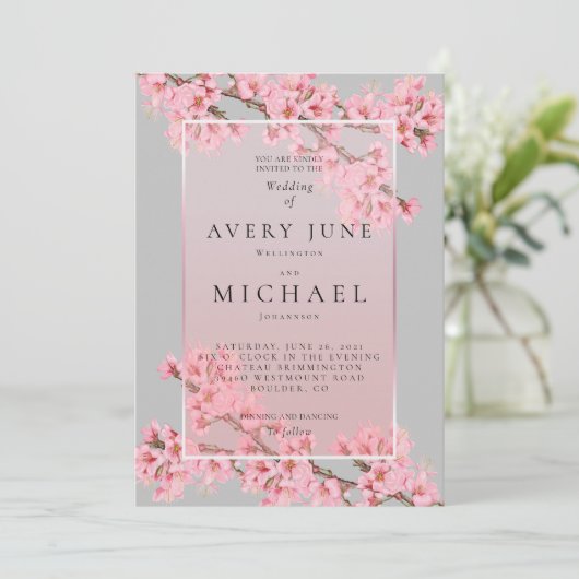 Roze op grijze kersenbloesem trouwkaart kaart (Staand voorkant)