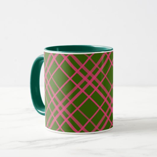 Roze op groen Tartan Plaid Pattern Design Mok (Voorkant links)