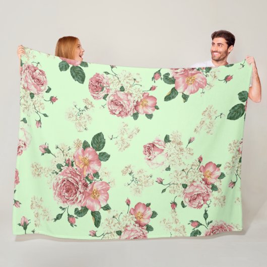 Roze op groene  Floral Fleece Deken (In situ)