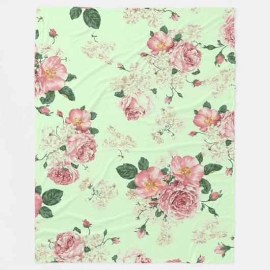 Roze op groene  Floral Fleece Deken (Voorkant)