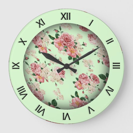 Roze op groene  Floral Grote Klok (Voorkant)