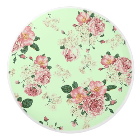 Roze op groene Floral Keramische Knop (Voorkant)