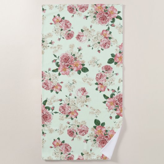 Roze op groene  Floral Strandlaken (Voorkant)