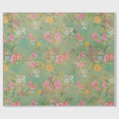 Roze op groene Vintage Cadeaupapier (Vlak)