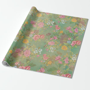 Roze op groene Vintage Cadeaupapier