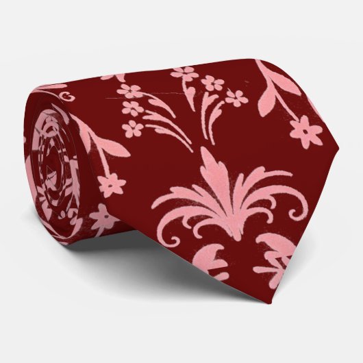 Roze op Maroon Damask Stropdas (Opgerold)