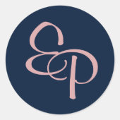 Roze op Navy Script Monogram Envelope Seal Ronde Sticker (Voorkant)