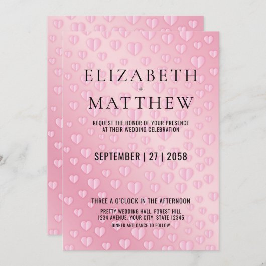 Roze op roze hartsprietjes Uitnodigingsontwerp Kaa Aankondiging (Voorkant / Achterkant)