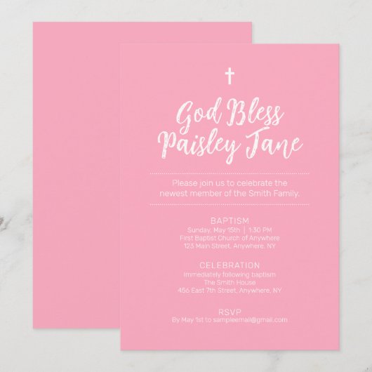 Roze op tekst-gebaseerde Baptism Uitnodiging (Voorkant / Achterkant)