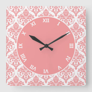 Roze op White Damask Vierkante Klok