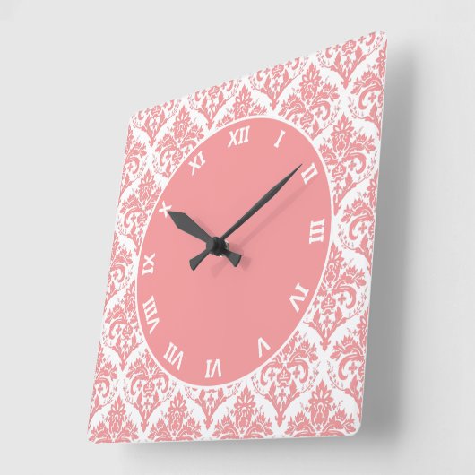 Roze op White Damask Vierkante Klok (Hoek)