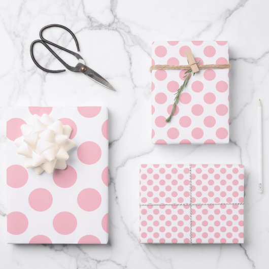 Roze op Wit Verschillende Maten Polka Dots Inpakpapier Vel (Voorkant)