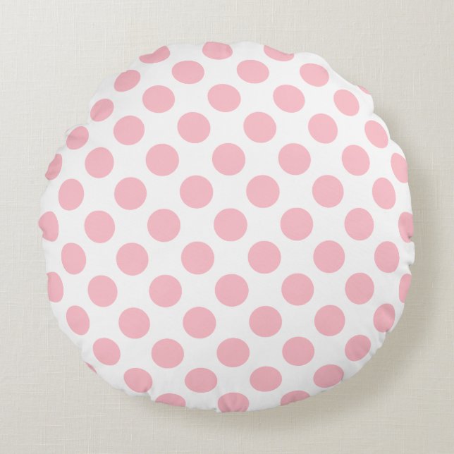 Roze op Witte Grote Grootte Polka Dots Rond Kussen (Voorkant)