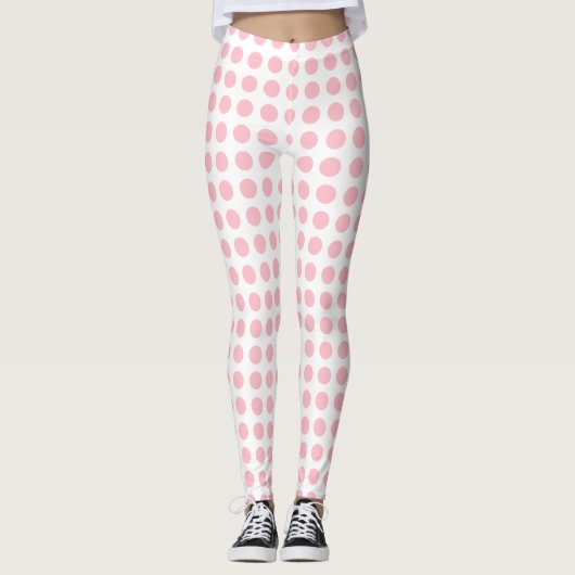 Roze op Witte Middelgrote Grootte Horizontale Polk Leggings (Voorkant)