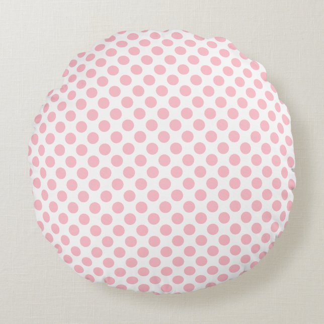 Roze op Witte Middelgrote Grootte Polka Dots Rond Kussen (Voorkant)