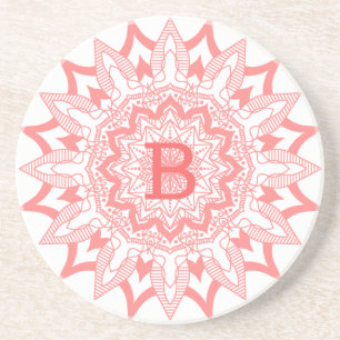 Roze op witte monogram mandala zandsteen onderzetter