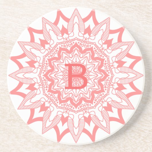 Roze op witte monogram mandala zandsteen onderzetter (Voorkant)