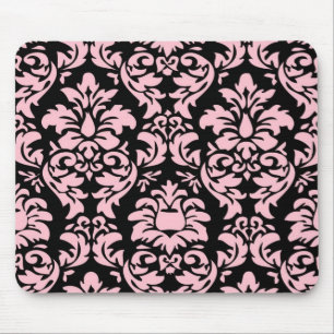 Roze op Zwart Damast Mousepad Muismat