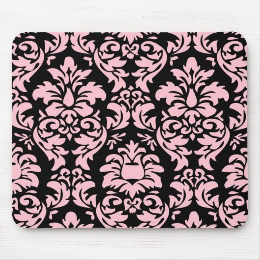 Roze op Zwart Damast Mousepad Muismat (Voorkant)