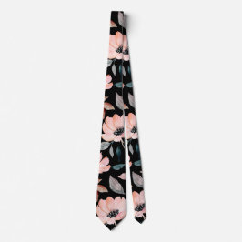 Roze op zwart groen Waterverf bloemmotief Stropdas