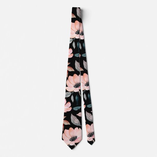 Roze op zwart groen Waterverf bloemmotief Stropdas (Voorkant)