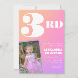 Roze Oranje 3e verjaardagsuitnodigingen Meisje Fot Kaart