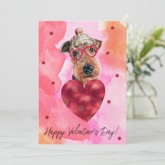 Roze Oranje Airedale Valentijnsdag Gift Dog Feestdagenkaart (Staand voorkant)