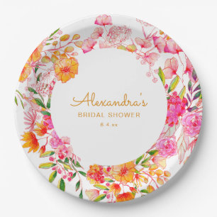 Roze Oranje Aquarel Wilde Bloemen Bruidsdouche Papieren Bordje