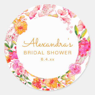 Roze Oranje Aquarel Wilde Bloemen Bruidsdouche Ronde Sticker