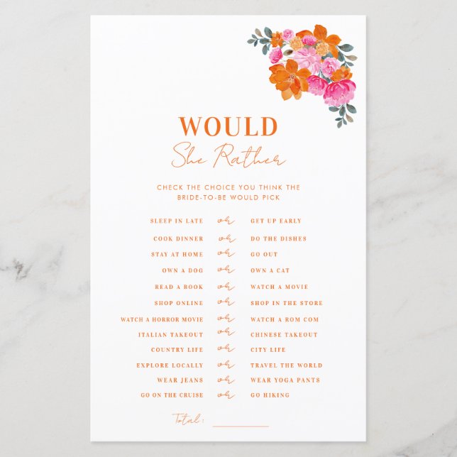 Roze Oranje Baby shower zou ze liever spel (Voorkant)