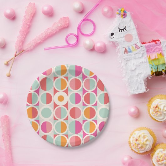 Roze Oranje Blauw Geometrisch Patroon Papieren Bordje (Feest)