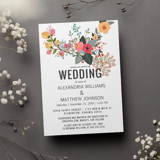 Roze oranje blauwgroen koraal abstract bloemen bru kaart