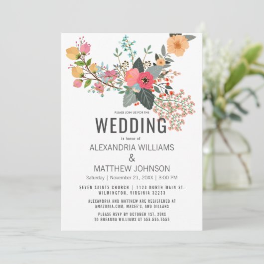 Roze oranje blauwgroen koraal abstract bloemen bru kaart (Staand voorkant)