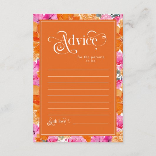 Roze & Oranje Bloemen Baby shower Ouders Advieskaart (Voorkant)