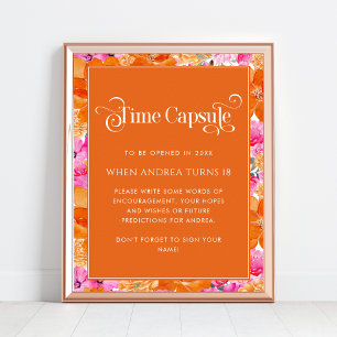 Roze & Oranje Bloemen Baby shower Tijdcapsule Poster