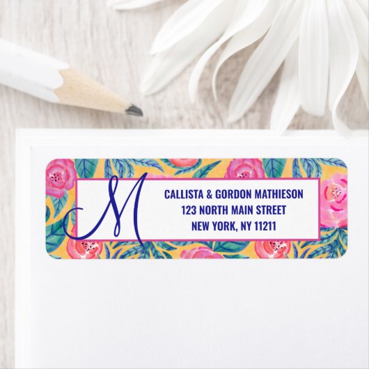 Roze Oranje bloemen bladeren Monogram Waterverf Etiket (Insitu)