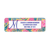 Roze Oranje bloemen bladeren Monogram Waterverf Etiket (Voorkant)