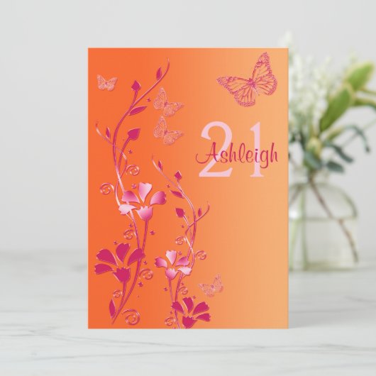 Roze, Oranje bloemen en bustvliegen 21e verjaardag Kaart (Staand voorkant)