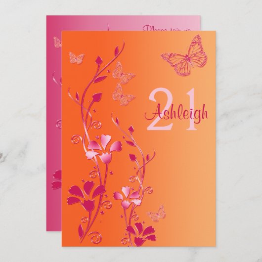 Roze, Oranje bloemen en bustvliegen 21e verjaardag Kaart (Voorkant / Achterkant)