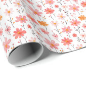 Roze & Oranje Bloemen op Wit Cadeaupapier (Rol Hoek)