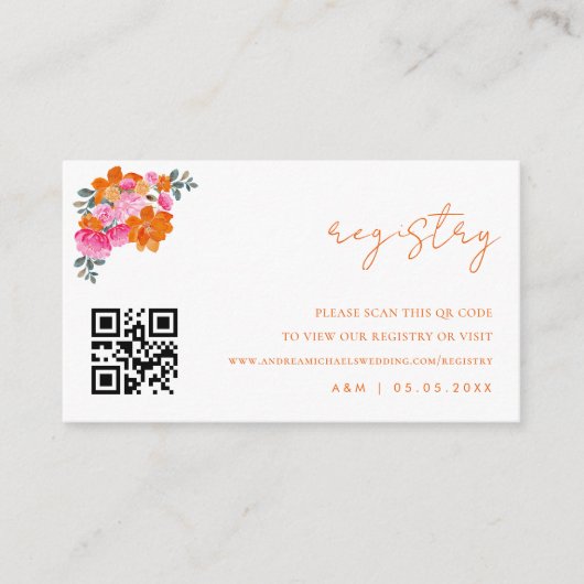 Roze & Oranje Bloemen QR Code Huwelijkscadeau Regi Informatiekaartje (Voorkant)