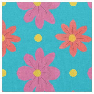 Roze Oranje Bloemen Stippen op Turquoise Stof