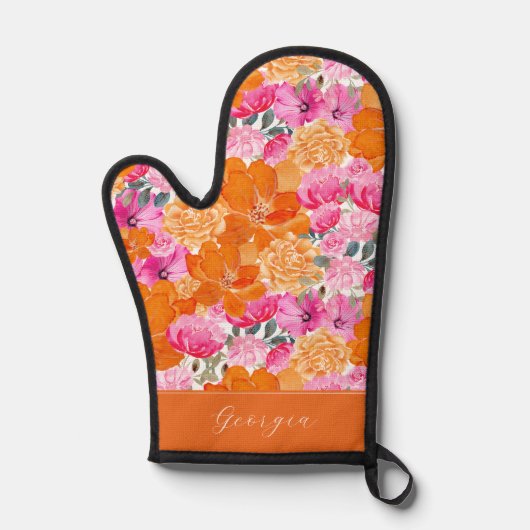 Roze & Oranje Bloemen Waterverf Aangepaste Script Ovenwant (Voorkant)