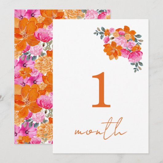 Roze Oranje Bloemige Baby Maandelijkse Mijlpaal Ka Kaart (Voorkant / Achterkant)