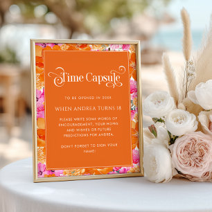 Roze Oranje Bloemige Baby Shower Tijdcapsule Bord Poster