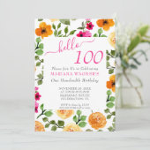 Roze Oranje Bloemige Elegante Script 100ste Verjaa Kaart (Staand voorkant)