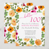 Roze Oranje Bloemige Elegante Script 100ste Verjaa Kaart (Voorkant / Achterkant)