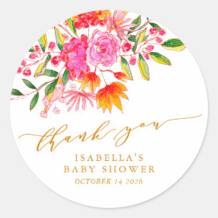 Roze Oranje Bloemstuk Aangepaste Baby Shower Dank  Ronde Sticker