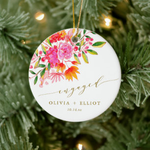 Roze Oranje Bloemstuk Aangepaste Verlovings Kerst Keramisch Ornament