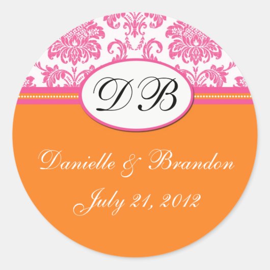 Roze Oranje bruiloft Monogram Damasdop Ronde Sticker (Voorkant)